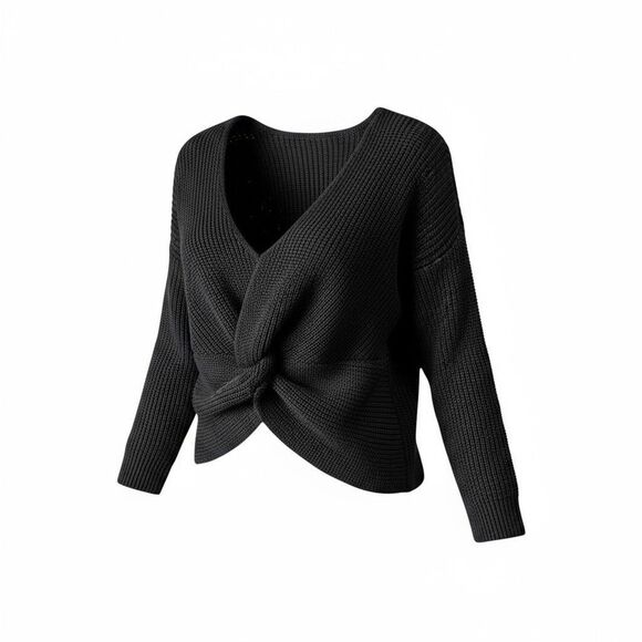 Black Knit Off Shoulder Sweater Medium Minimalist Pullover Open Back Fall Top - Picture 6 of 16